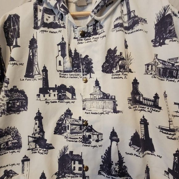Vintage 80s Michigan Rag Co Lighthouse Print Hooded Jacket Snap Front Size L - Picture 3 of 12